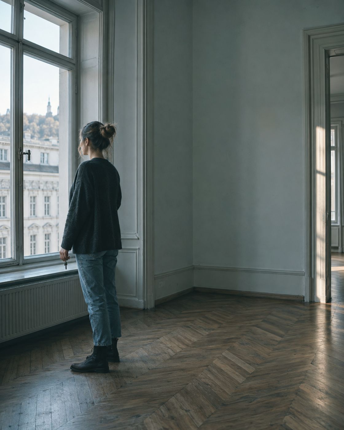 Junge Frau am Fenster einer leeren Altbauwohnung in Linz, Schlüssel in der Hand, Blick nach draußen