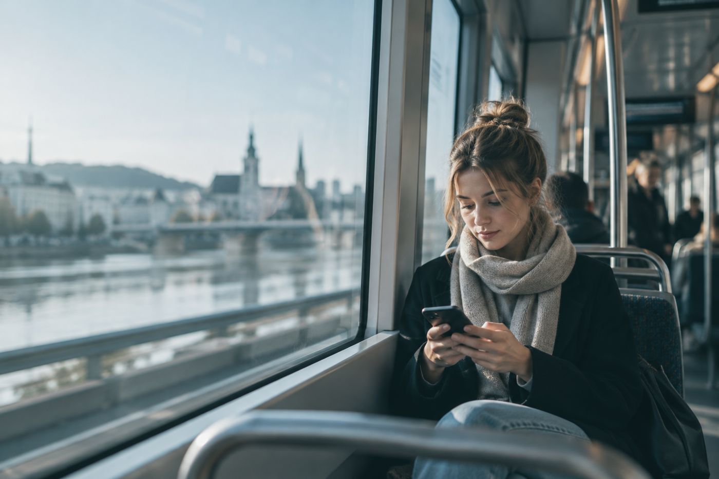 Erstes Gehalt am Handy, Straßenbahn in Linz, Morgenlicht