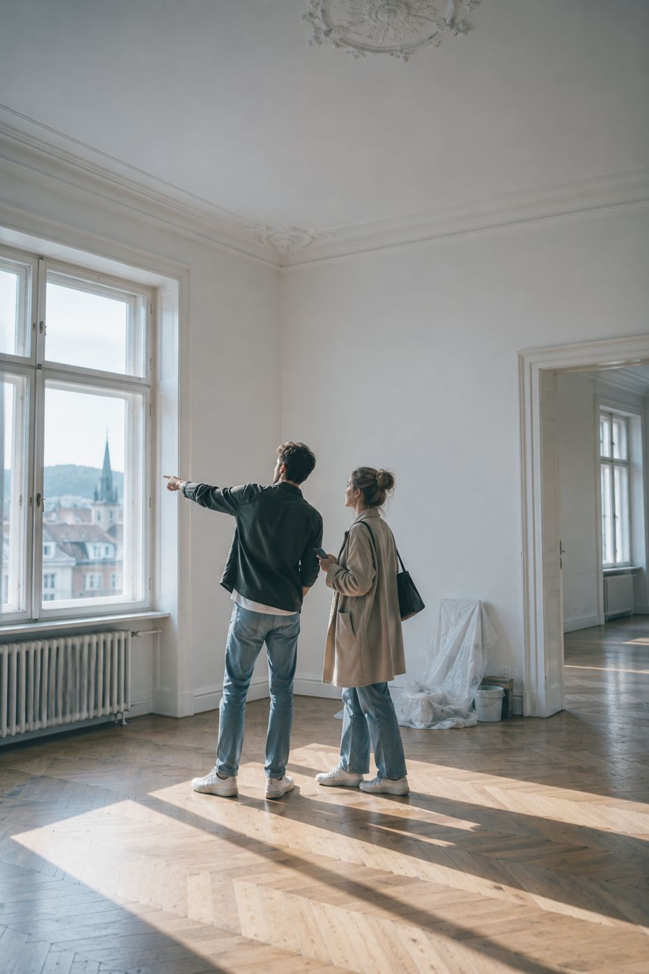 Wohnungsbesichtigung, Paar im leeren Wohnzimmer, Grundriss auf dem Handy